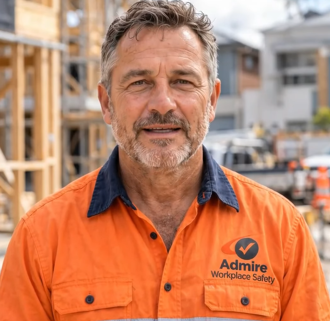 Safety Man Dan, an AI presenter in an Admire Workplace Safety hi-vis shirt, standing on a building site